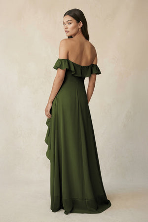 Ruffled Off-the-Shoulder A-Line Chiffon Bridesmaid Dress in Olive - KissProm BRIDESMAID DRESSES