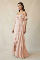 Ruffled Off-the-Shoulder A-Line Chiffon Bridesmaid Dress in Pale Blush - KissProm BRIDESMAID DRESSES