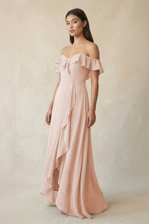 Ruffled Off-the-Shoulder A-Line Chiffon Bridesmaid Dress in Pale Blush - KissProm BRIDESMAID DRESSES