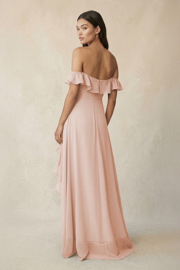 Ruffled Off-the-Shoulder A-Line Chiffon Bridesmaid Dress in Pale Blush - KissProm BRIDESMAID DRESSES