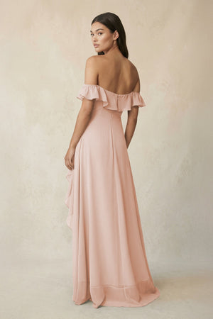 Ruffled Off-the-Shoulder A-Line Chiffon Bridesmaid Dress in Pale Blush - KissProm BRIDESMAID DRESSES