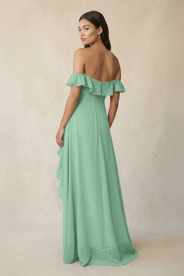 Ruffled Off-the-Shoulder A-Line Chiffon Bridesmaid Dress in Pale Pistachio - KissProm BRIDESMAID DRESSES