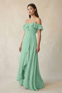 Ruffled Off-the-Shoulder A-Line Chiffon Bridesmaid Dress in Pale Pistachio - KissProm BRIDESMAID DRESSES