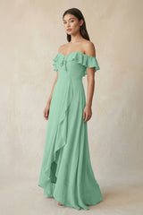 Ruffled Off-the-Shoulder A-Line Chiffon Bridesmaid Dress in Pale Pistachio - KissProm BRIDESMAID DRESSES