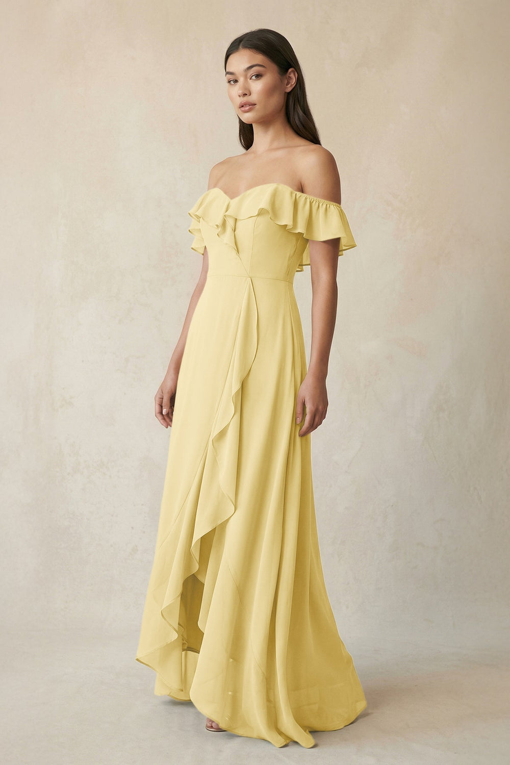 Ruffled Off-the-Shoulder A-Line Chiffon Bridesmaid Dress in Pastel Yellow - KissProm BRIDESMAID DRESSES