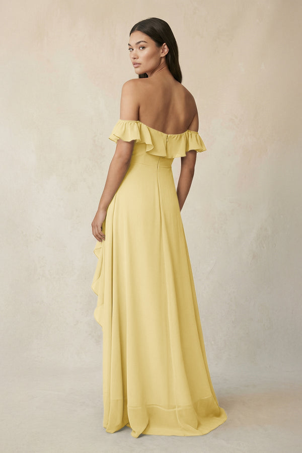 Ruffled Off-the-Shoulder A-Line Chiffon Bridesmaid Dress in Pastel Yellow - KissProm BRIDESMAID DRESSES