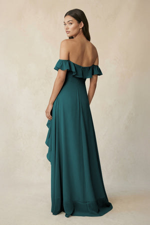 Ruffled Off-the-Shoulder A-Line Chiffon Bridesmaid Dress in Pine - KissProm BRIDESMAID DRESSES