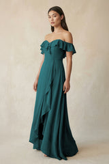 Ruffled Off-the-Shoulder A-Line Chiffon Bridesmaid Dress in Pine - KissProm BRIDESMAID DRESSES