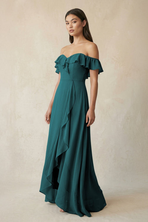 Ruffled Off-the-Shoulder A-Line Chiffon Bridesmaid Dress in Pine - KissProm BRIDESMAID DRESSES