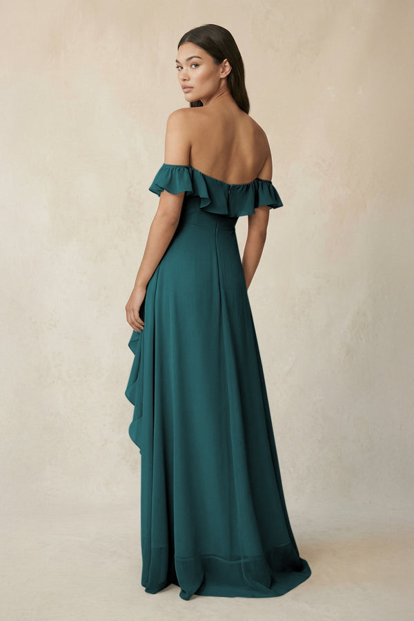 Ruffled Off-the-Shoulder A-Line Chiffon Bridesmaid Dress in Pine - KissProm BRIDESMAID DRESSES