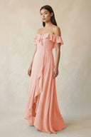 Ruffled Off-the-Shoulder A-Line Chiffon Bridesmaid Dress in Rose Petal - KissProm BRIDESMAID DRESSES