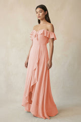 Ruffled Off-the-Shoulder A-Line Chiffon Bridesmaid Dress in Rose Petal - KissProm BRIDESMAID DRESSES