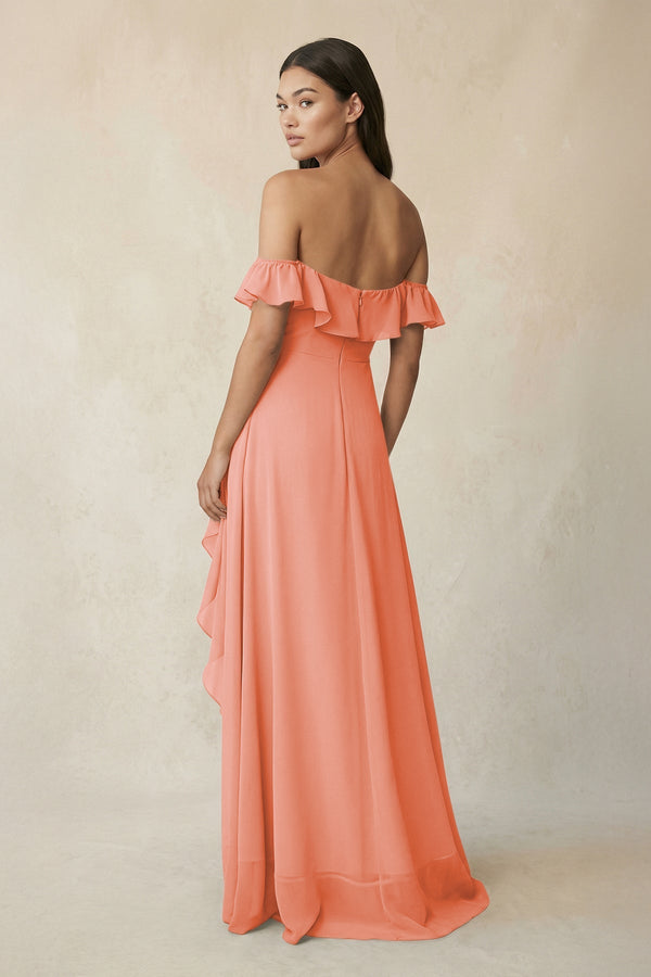 Ruffled Off-the-Shoulder A-Line Chiffon Bridesmaid Dress in Rosette - KissProm BRIDESMAID DRESSES