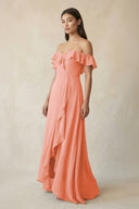 Ruffled Off-the-Shoulder A-Line Chiffon Bridesmaid Dress in Rosette - KissProm BRIDESMAID DRESSES