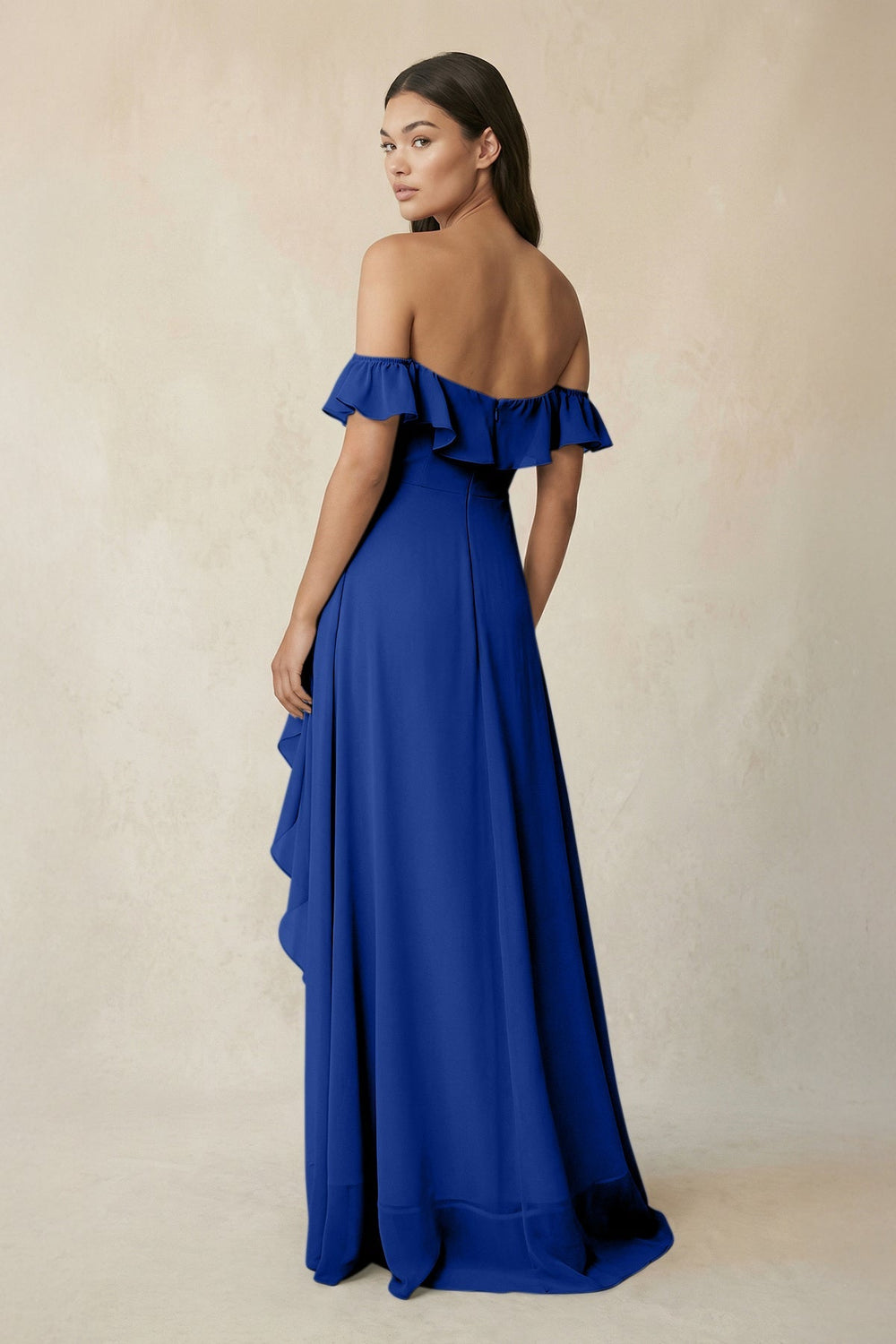 Ruffled Off-the-Shoulder A-Line Chiffon Bridesmaid Dress in Royal Blue - KissProm BRIDESMAID DRESSES