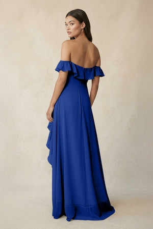 Ruffled Off-the-Shoulder A-Line Chiffon Bridesmaid Dress in Royal Blue - KissProm BRIDESMAID DRESSES