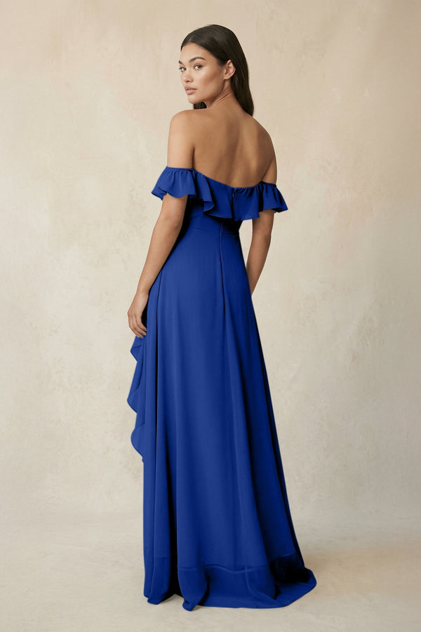 Ruffled Off-the-Shoulder A-Line Chiffon Bridesmaid Dress in Royal Blue - KissProm BRIDESMAID DRESSES