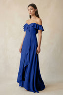 Ruffled Off-the-Shoulder A-Line Chiffon Bridesmaid Dress in Royal Blue - KissProm BRIDESMAID DRESSES