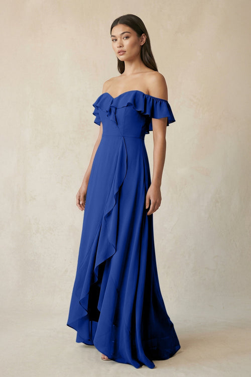 Ruffled Off-the-Shoulder A-Line Chiffon Bridesmaid Dress in Royal Blue - KissProm BRIDESMAID DRESSES