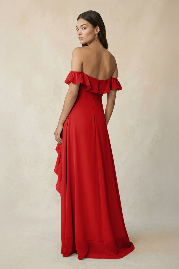 Ruffled Off-the-Shoulder A-Line Chiffon Bridesmaid Dress in Ruby Red - KissProm BRIDESMAID DRESSES