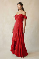 Ruffled Off-the-Shoulder A-Line Chiffon Bridesmaid Dress in Ruby Red - KissProm BRIDESMAID DRESSES