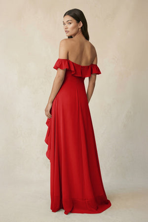 Ruffled Off-the-Shoulder A-Line Chiffon Bridesmaid Dress in Ruby Red - KissProm BRIDESMAID DRESSES