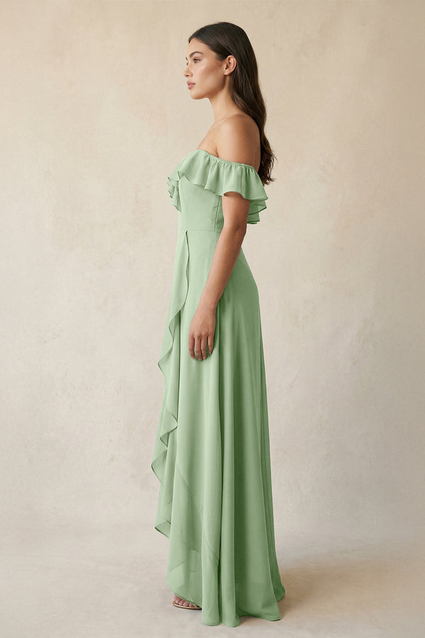 Ruffled Off-the-Shoulder A-Line Chiffon Bridesmaid Dress in Sage - KissProm BRIDESMAID DRESSES