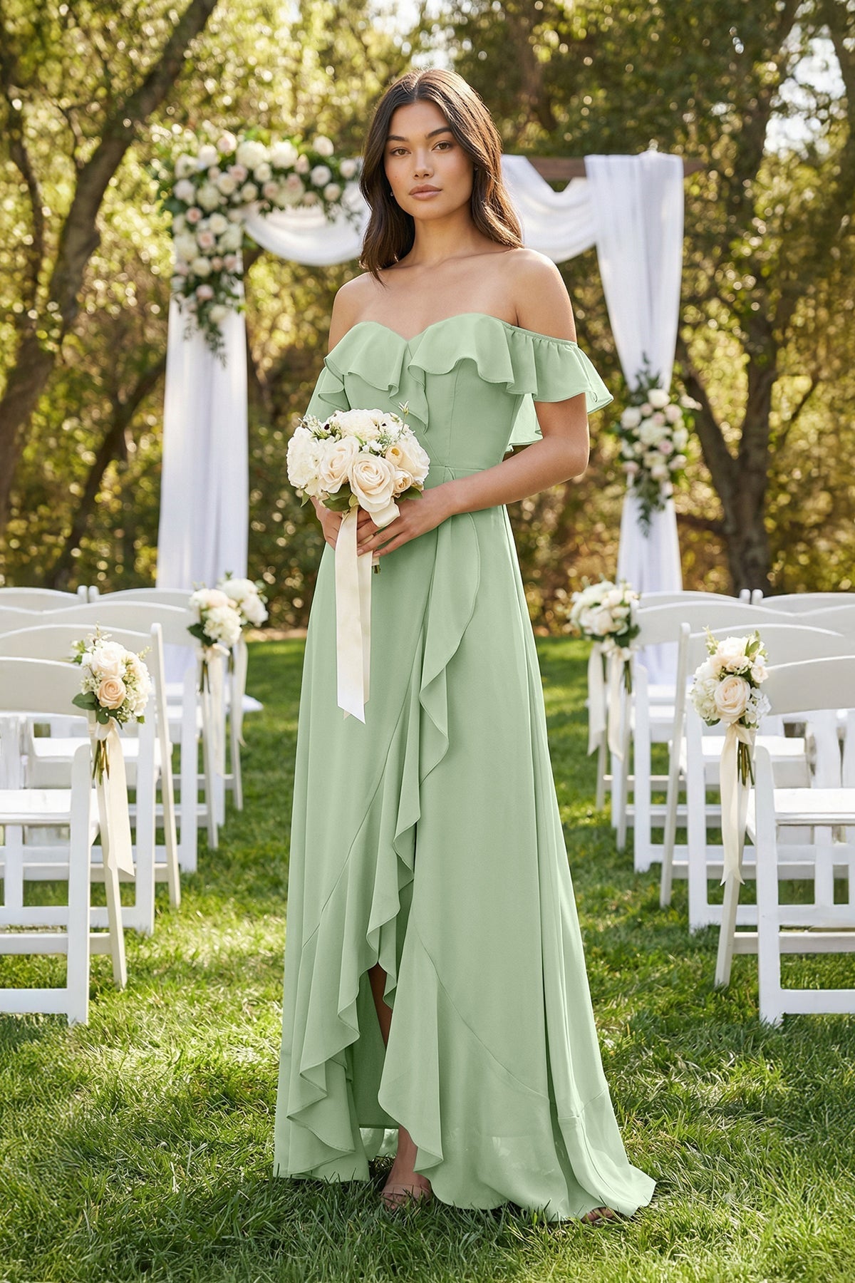 KissProm Ruffled Off-the-Shoulder A-Line Chiffon Bridesmaid Dress in Sage, Sage Green / 22