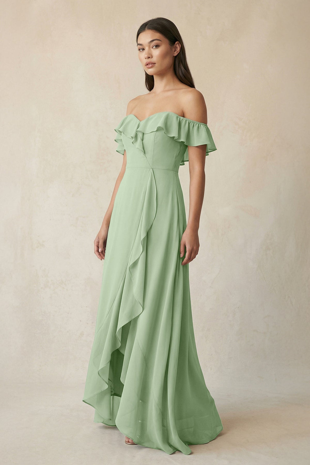Ruffled Off-the-Shoulder A-Line Chiffon Bridesmaid Dress in Sage - KissProm BRIDESMAID DRESSES
