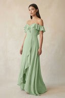 Ruffled Off-the-Shoulder A-Line Chiffon Bridesmaid Dress in Sage - KissProm BRIDESMAID DRESSES