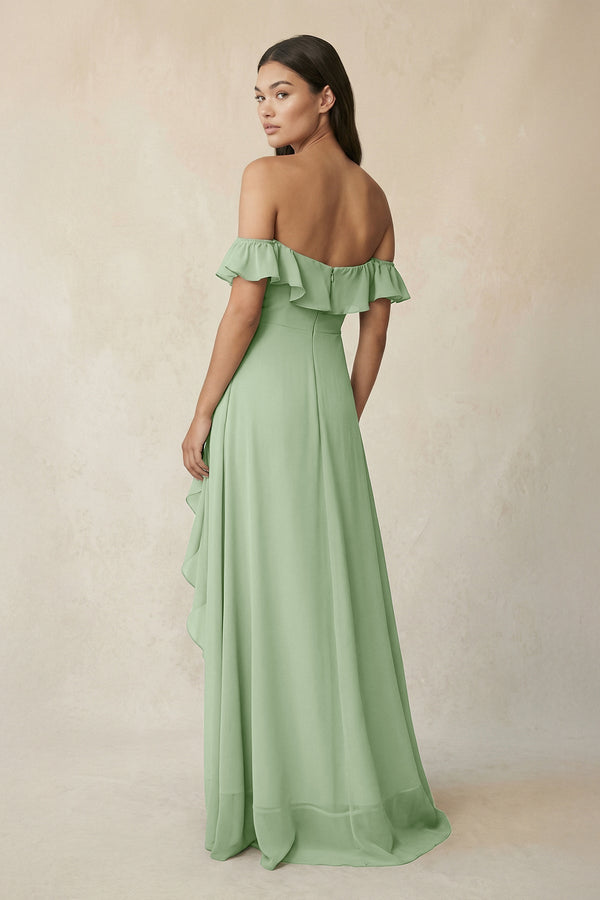 KissProm Ruffled Off-the-Shoulder A-Line Chiffon Bridesmaid Dress in Sage, Sage Green / 22