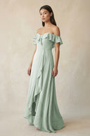 Ruffled Off-the-Shoulder A-Line Chiffon Bridesmaid Dress in Sage - KissProm BRIDESMAID DRESSES