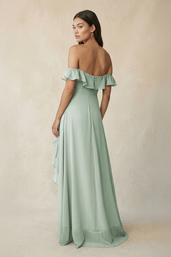 Ruffled Off-the-Shoulder A-Line Chiffon Bridesmaid Dress in Sage - KissProm BRIDESMAID DRESSES