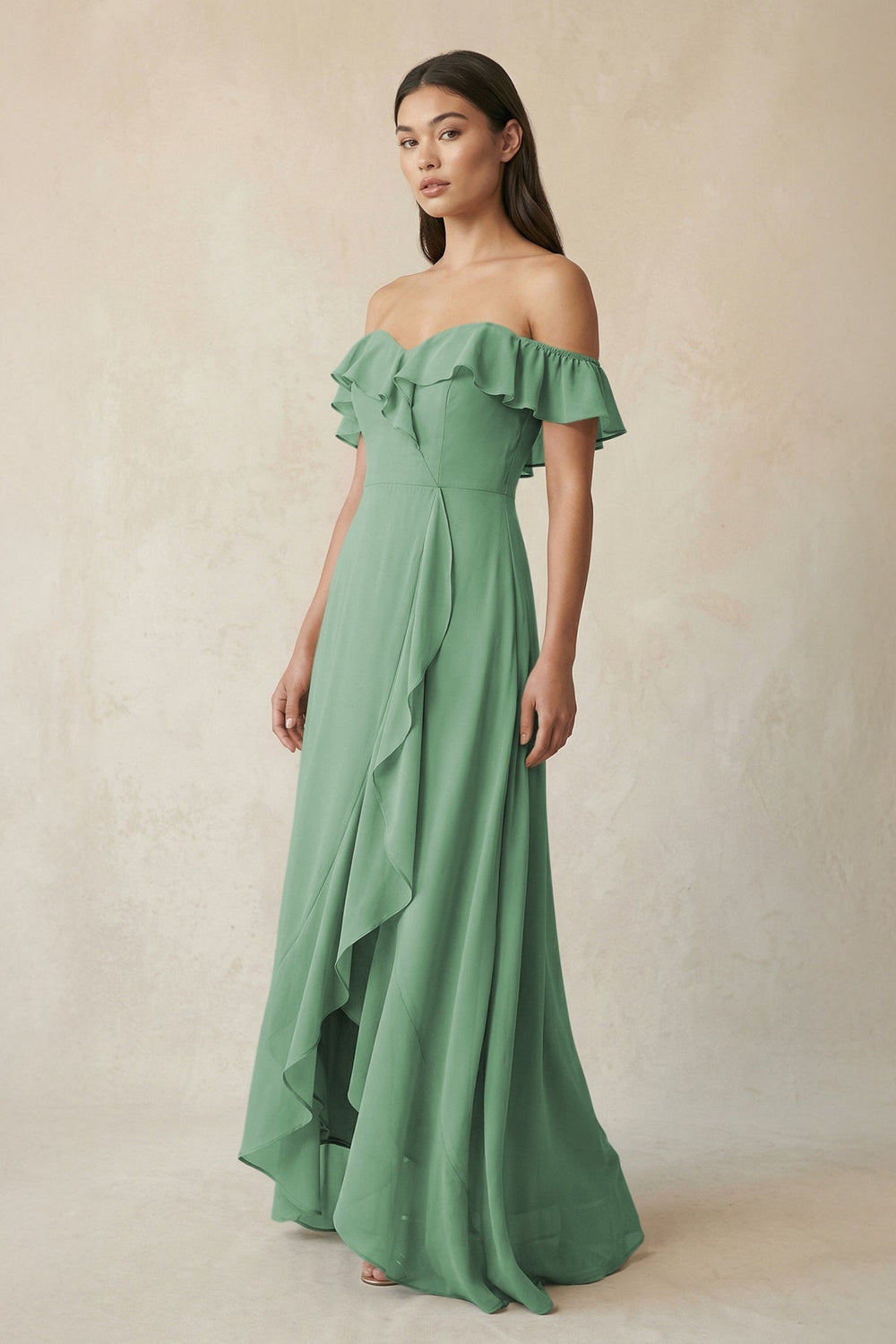 Ruffled Off-the-Shoulder A-Line Chiffon Bridesmaid Dress in Sea Glass - KissProm BRIDESMAID DRESSES