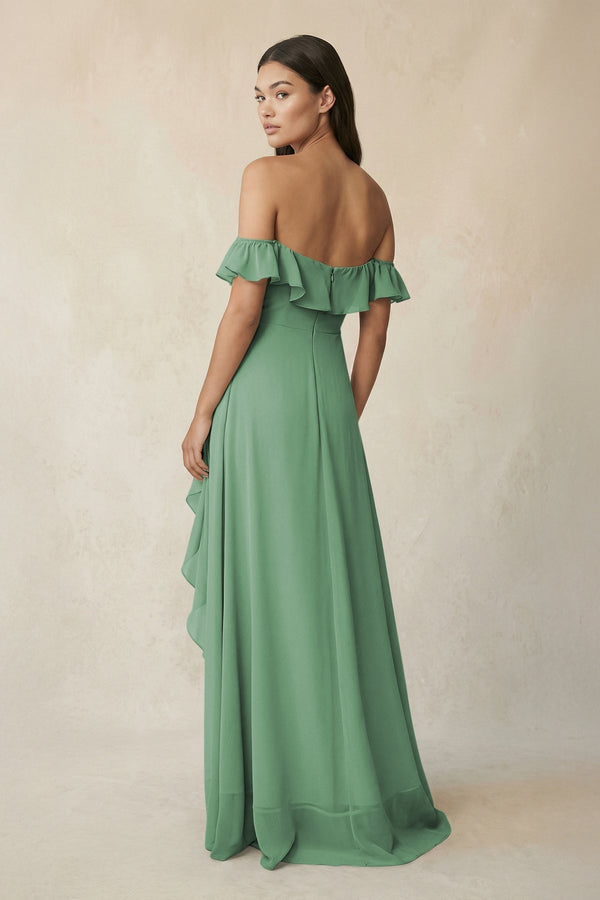 Ruffled Off-the-Shoulder A-Line Chiffon Bridesmaid Dress in Sea Glass - KissProm BRIDESMAID DRESSES