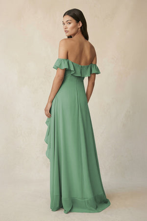 Ruffled Off-the-Shoulder A-Line Chiffon Bridesmaid Dress in Sea Glass - KissProm BRIDESMAID DRESSES