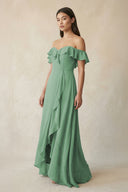 Ruffled Off-the-Shoulder A-Line Chiffon Bridesmaid Dress in Sea Glass - KissProm BRIDESMAID DRESSES