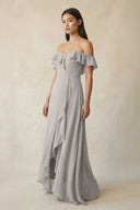 Ruffled Off-the-Shoulder A-Line Chiffon Bridesmaid Dress in Silver - KissProm BRIDESMAID DRESSES