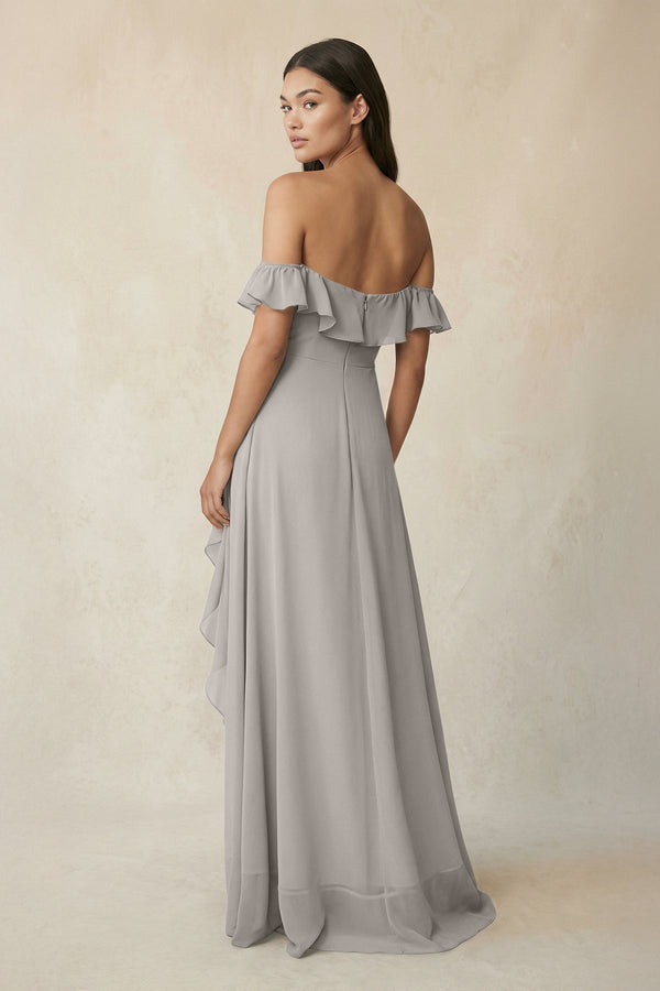 Ruffled Off-the-Shoulder A-Line Chiffon Bridesmaid Dress in Silver - KissProm BRIDESMAID DRESSES