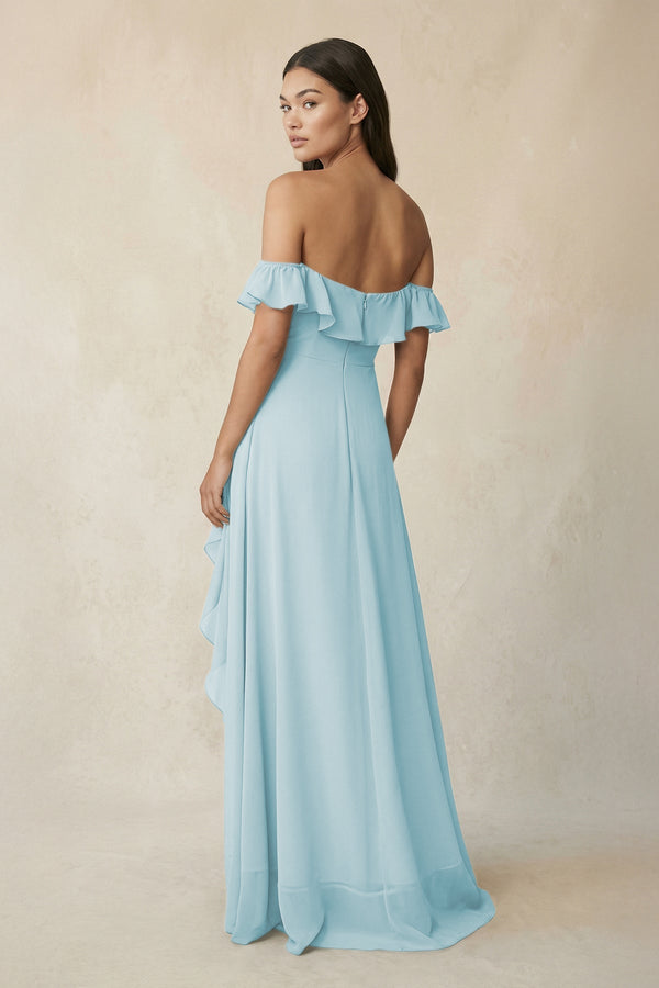 Ruffled Off-the-Shoulder A-Line Chiffon Bridesmaid Dress in Sky Blue - KissProm BRIDESMAID DRESSES