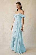 Ruffled Off-the-Shoulder A-Line Chiffon Bridesmaid Dress in Sky Blue - KissProm BRIDESMAID DRESSES
