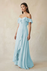 Ruffled Off-the-Shoulder A-Line Chiffon Bridesmaid Dress in Sky Blue - KissProm BRIDESMAID DRESSES
