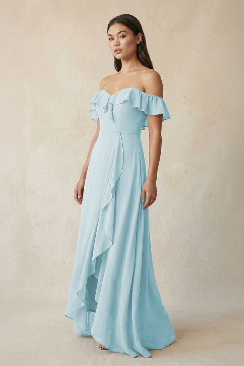 Ruffled Off-the-Shoulder A-Line Chiffon Bridesmaid Dress in Sky Blue - KissProm BRIDESMAID DRESSES