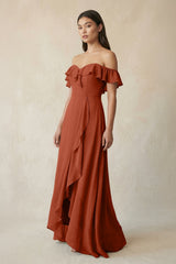 Ruffled Off-the-Shoulder A-Line Chiffon Bridesmaid Dress in Spice - KissProm BRIDESMAID DRESSES