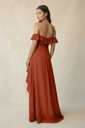 Ruffled Off-the-Shoulder A-Line Chiffon Bridesmaid Dress in Spice - KissProm BRIDESMAID DRESSES