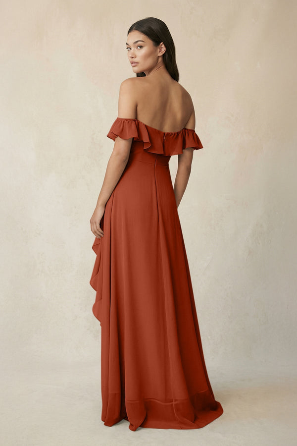 Ruffled Off-the-Shoulder A-Line Chiffon Bridesmaid Dress in Spice - KissProm BRIDESMAID DRESSES