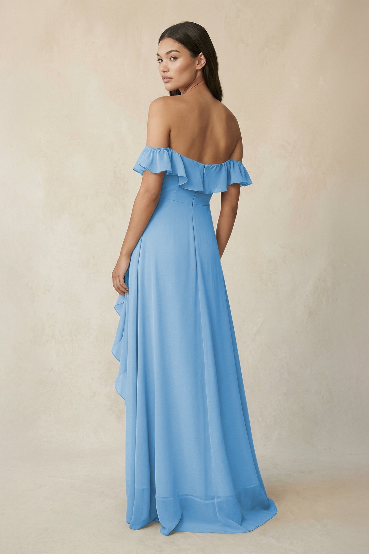 KissProm Ruffled Off-the-Shoulder A-Line Chiffon Bridesmaid Dress in Steel Blue, Steel Blue / 30
