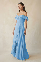 Ruffled Off-the-Shoulder A-Line Chiffon Bridesmaid Dress in Steel Blue - KissProm BRIDESMAID DRESSES
