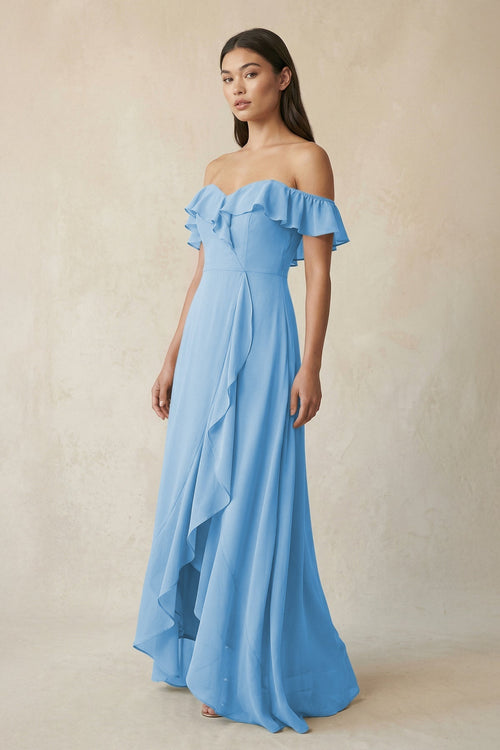Ruffled Off-the-Shoulder A-Line Chiffon Bridesmaid Dress in Steel Blue - KissProm BRIDESMAID DRESSES