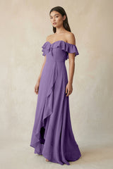 Ruffled Off-the-Shoulder A-Line Chiffon Bridesmaid Dress in Tahiti - KissProm BRIDESMAID DRESSES